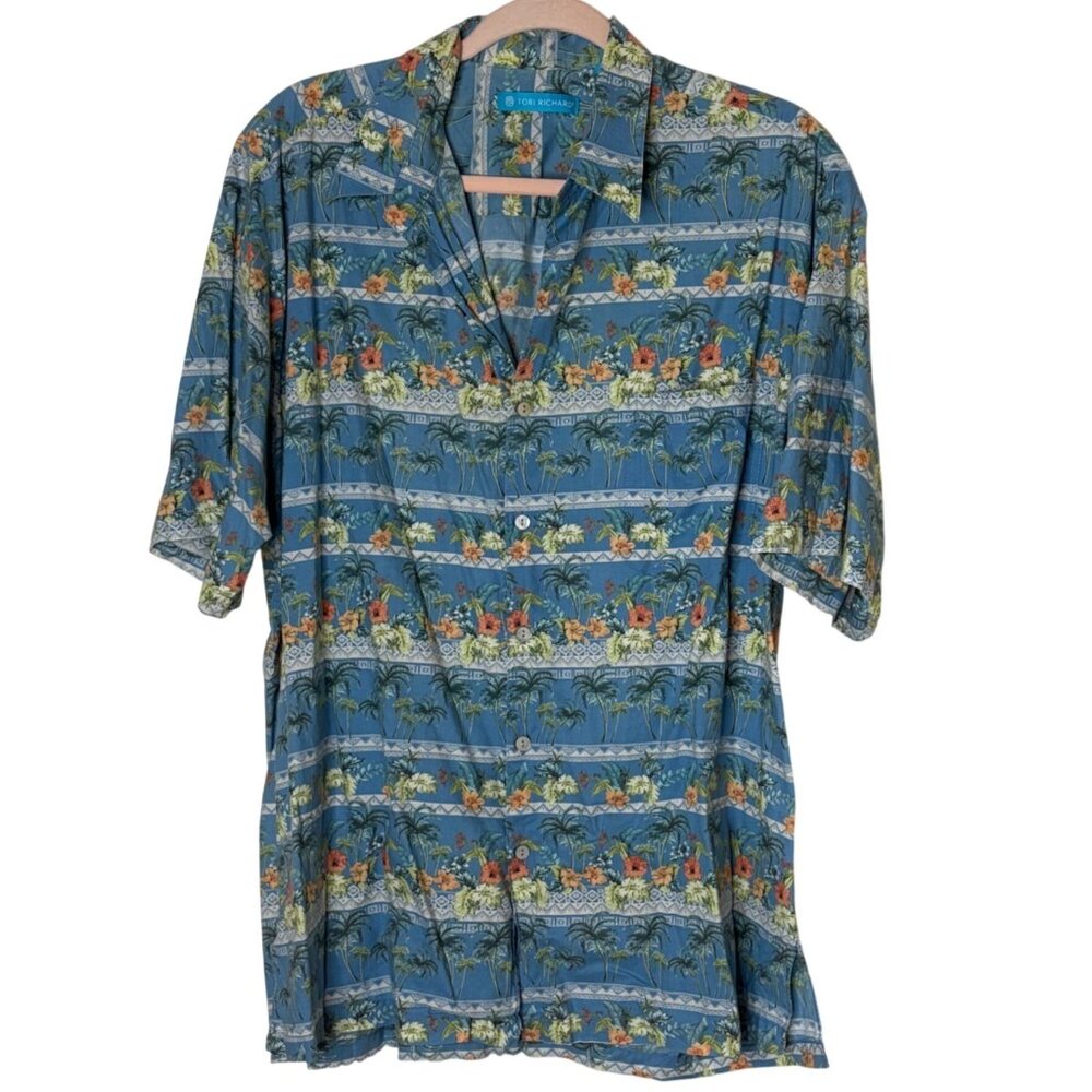 Tori Richard Hawaiian Shirt L Blue Floral Cotton Lawn Made in Hawaii